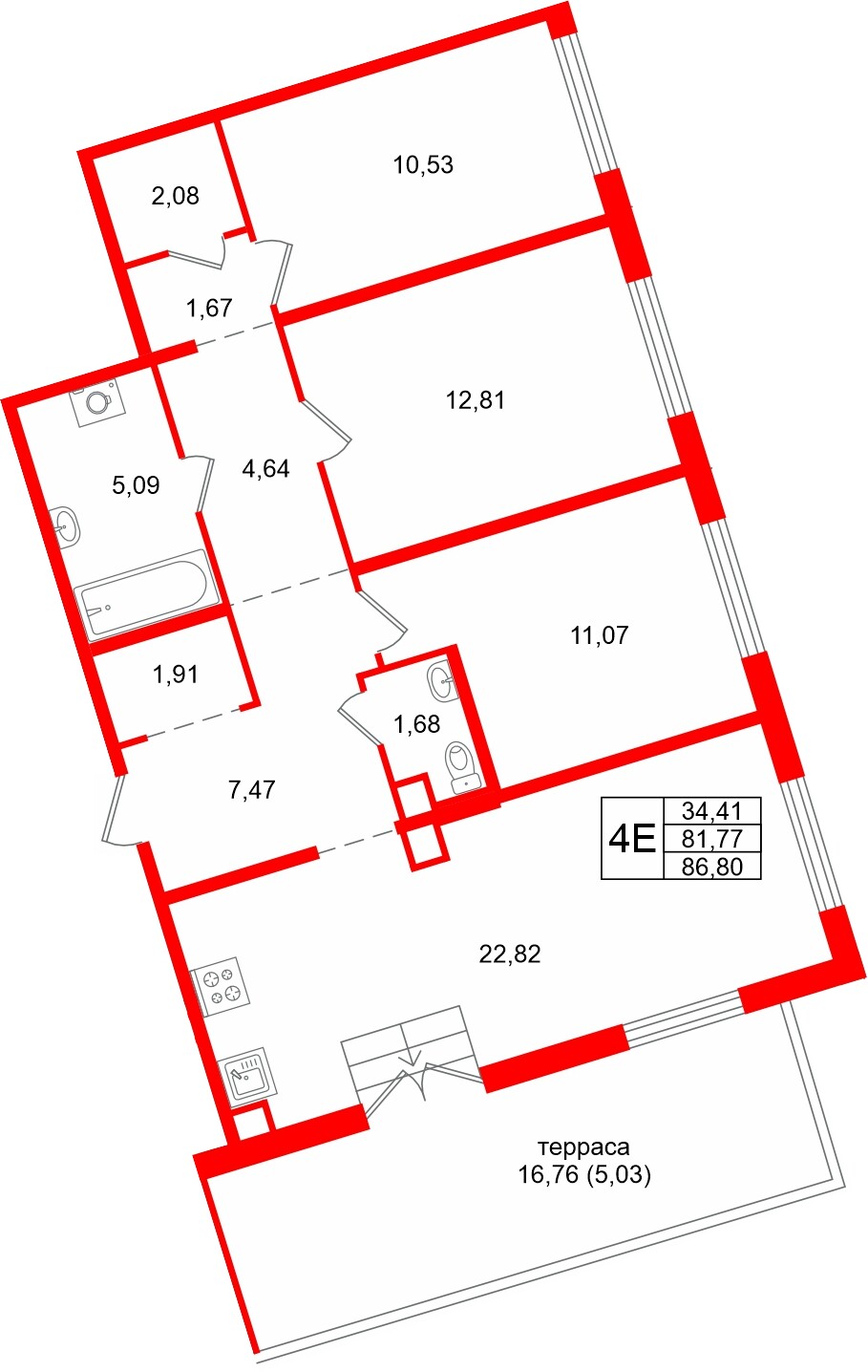 Квартира в ЖК Тишин, 3 комнатная, 86.8 м², 12 этаж