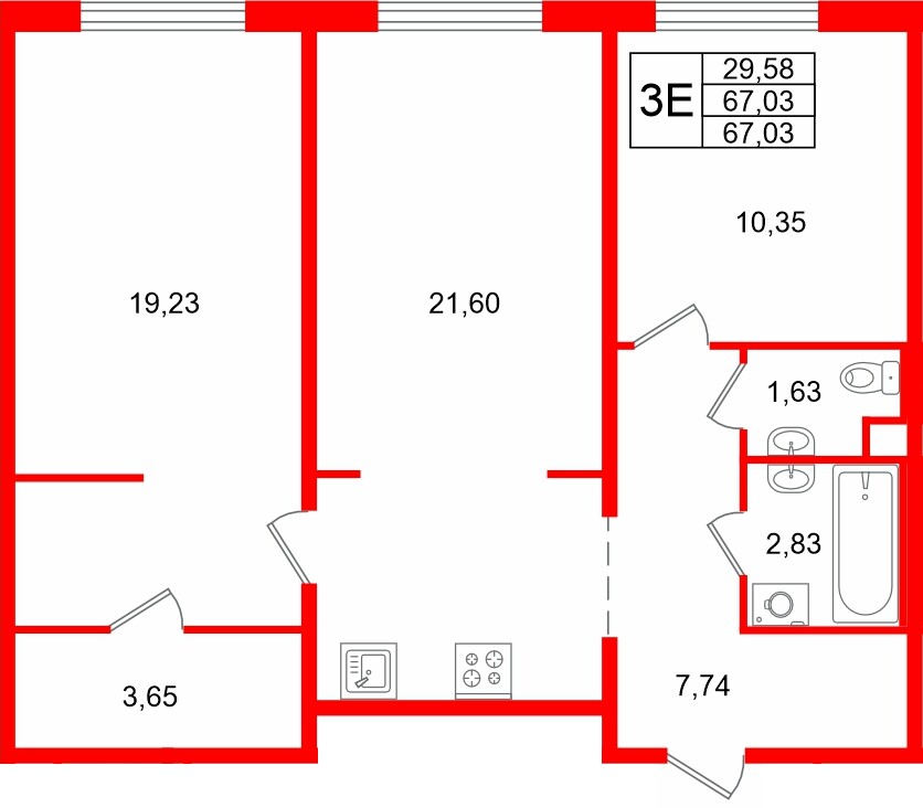 Квартира в ЖК Тишин, 2 комнатная, 67.03 м², 1 этаж