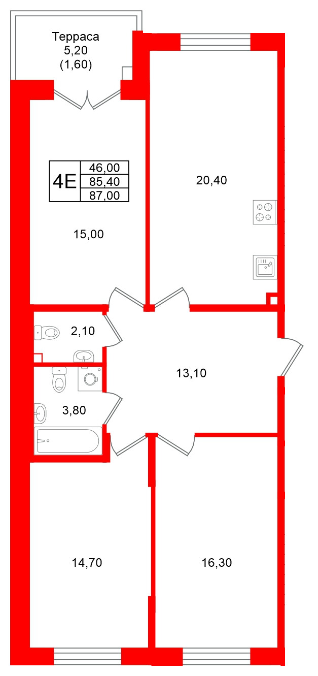 Квартира в ЖК Кронунг Юг, 3 комнатная, 87 м², 1 этаж