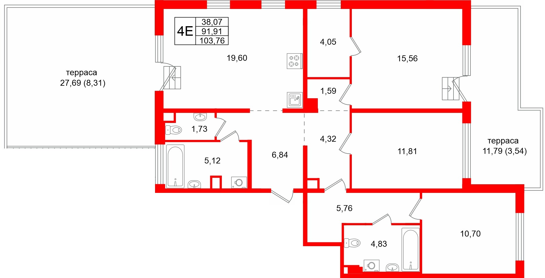 Квартира в ЖК Тишин, 3 комнатная, 103.76 м², 12 этаж