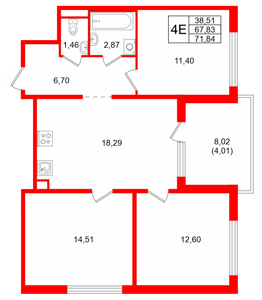 Квартира в ЖК Тишин, 3 комнатная, 71.84 м², 8 этаж