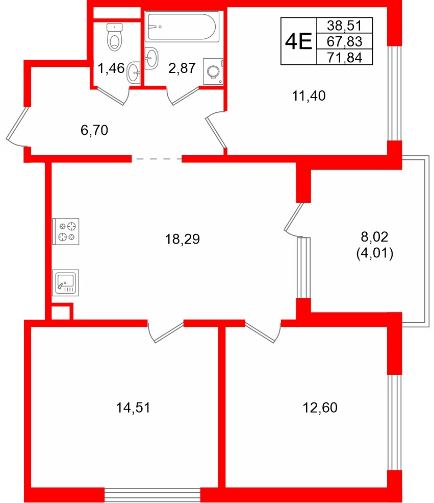 Квартира в ЖК Тишин, 3 комнатная, 71.84 м², 11 этаж
