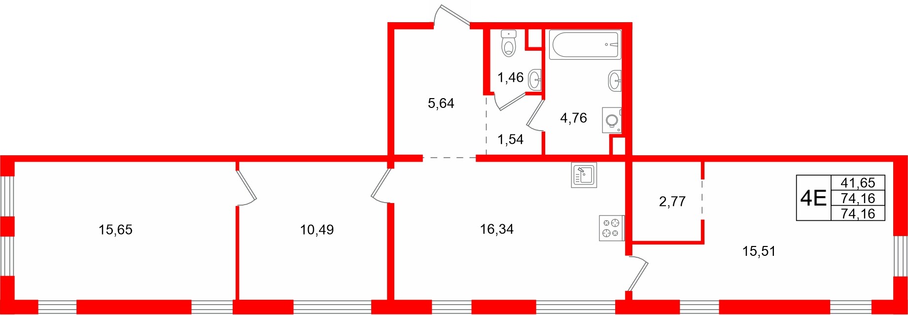 Квартира в ЖК Тишин, 3 комнатная, 74.16 м², 1 этаж