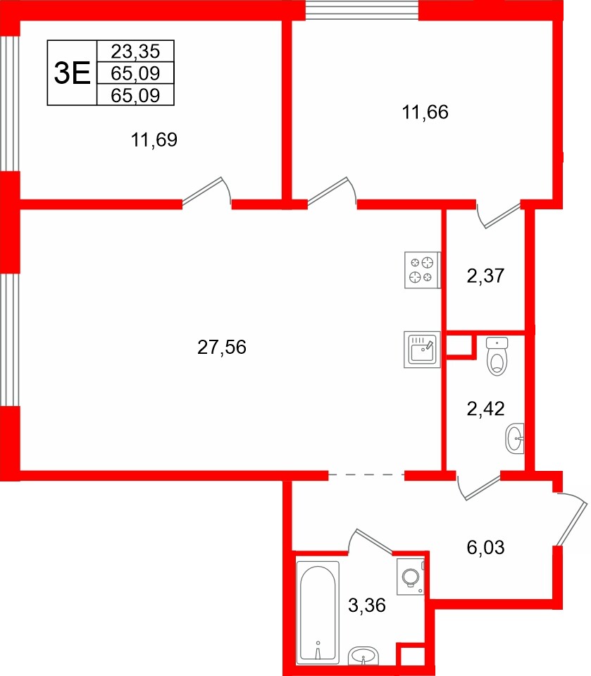 Квартира в ЖК Тишин, 2 комнатная, 65.09 м², 1 этаж