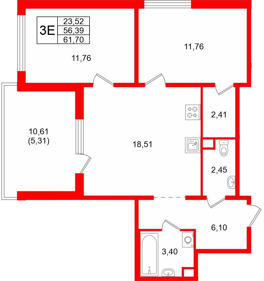 Квартира в ЖК Тишин, 2 комнатная, 61.7 м², 11 этаж