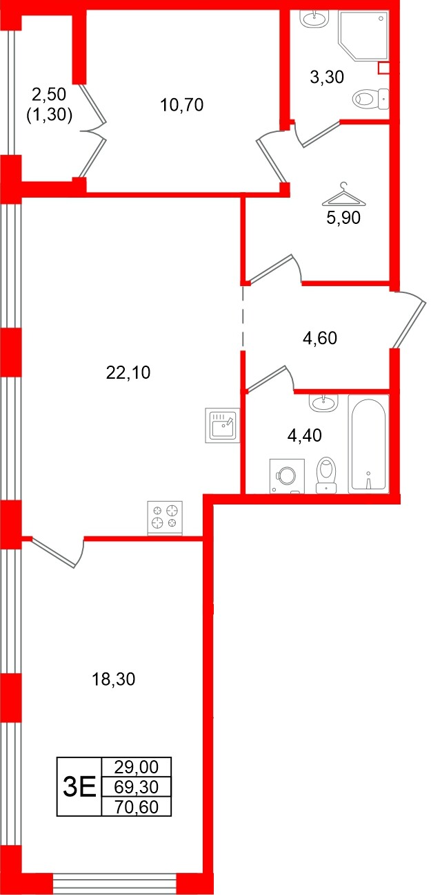 Квартира в ЖК Кронунг Юг, 2 комнатная, 70.6 м², 2 этаж