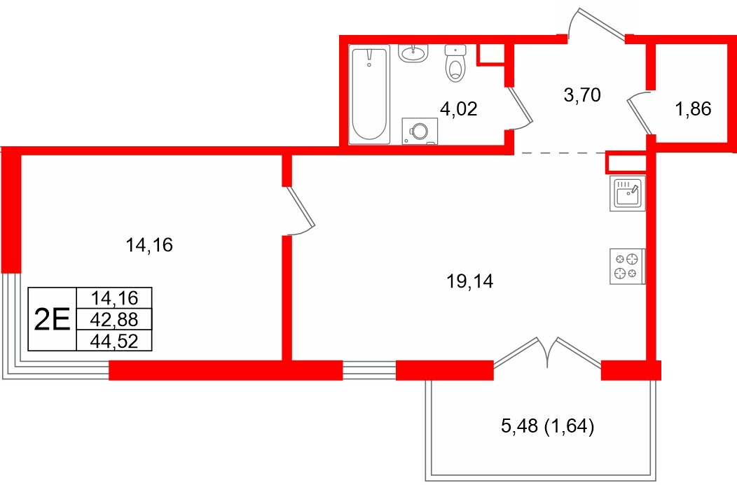Квартира в ЖК Тишин, 1 комнатная, 44.52 м², 2 этаж