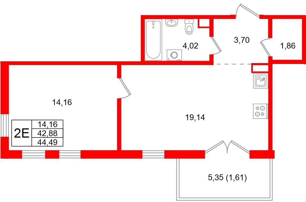 Квартира в ЖК Тишин, 1 комнатная, 44.49 м², 10 этаж