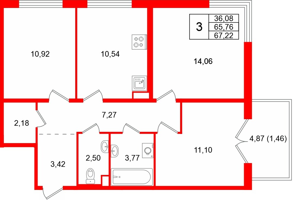 Квартира в ЖК Тишин, 3 комнатная, 67.22 м², 5 этаж
