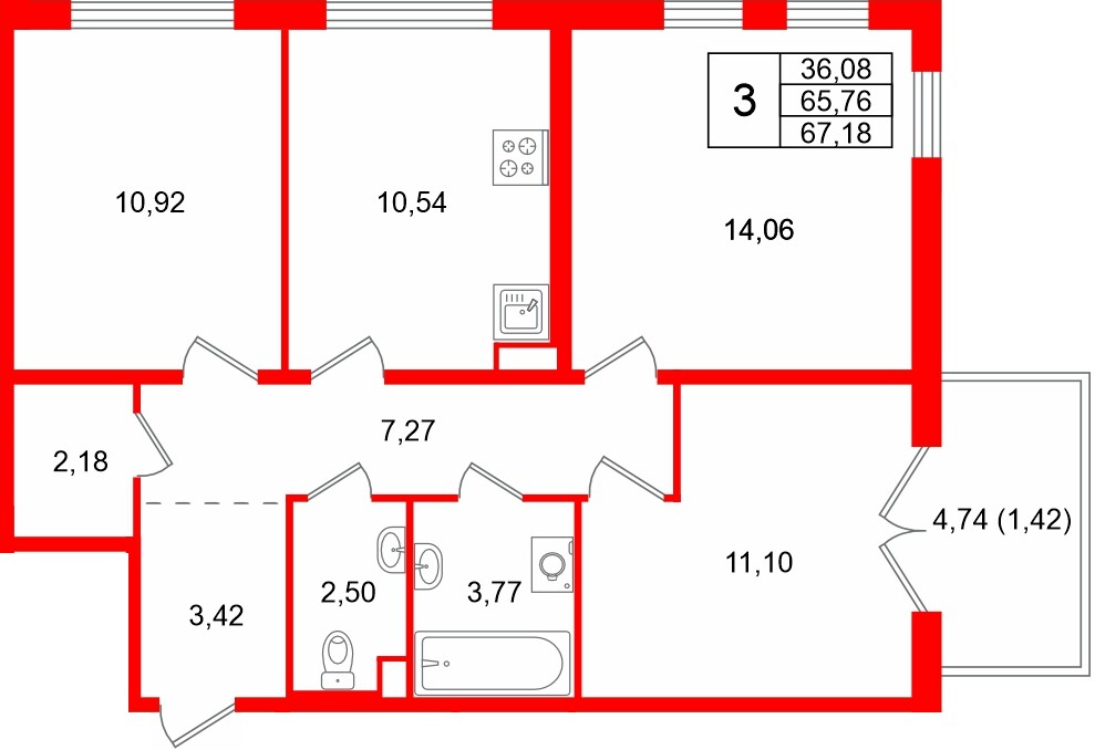 Квартира в ЖК Тишин, 3 комнатная, 67.18 м², 12 этаж
