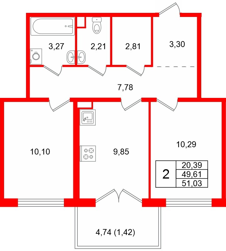 Квартира в ЖК Тишин, 2 комнатная, 51.03 м², 10 этаж
