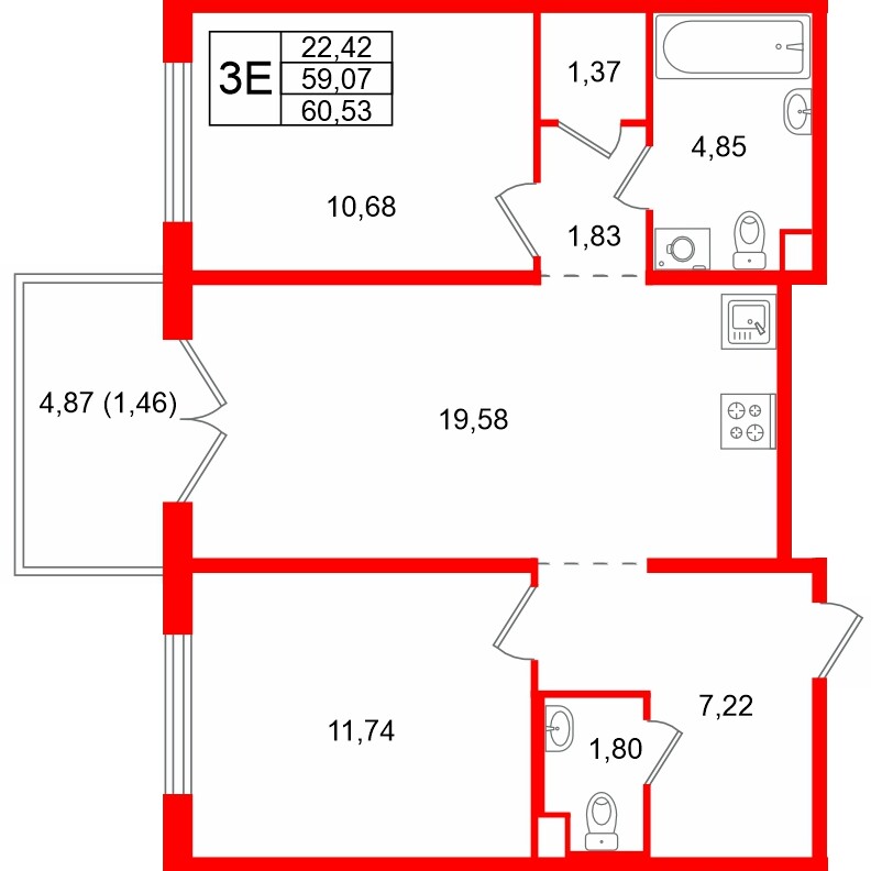 Квартира в ЖК Тишин, 2 комнатная, 60.53 м², 7 этаж