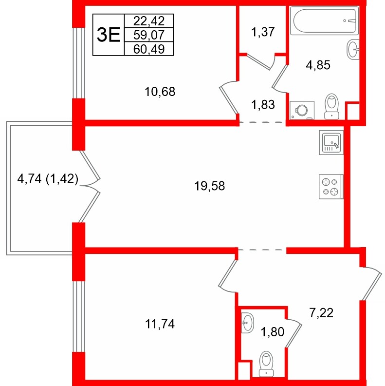 Квартира в ЖК Тишин, 2 комнатная, 60.49 м², 12 этаж