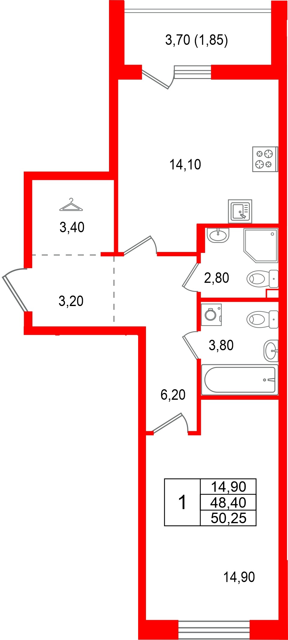 Квартира в ЖК Лисино, 1 комнатная, 52.1 м², 1 этаж