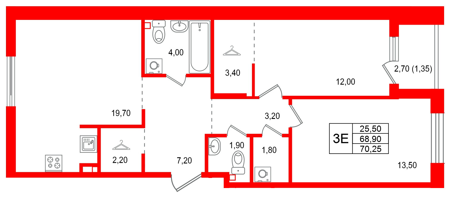 Квартира в ЖК Лисино, 2 комнатная, 71.6 м², 3 этаж