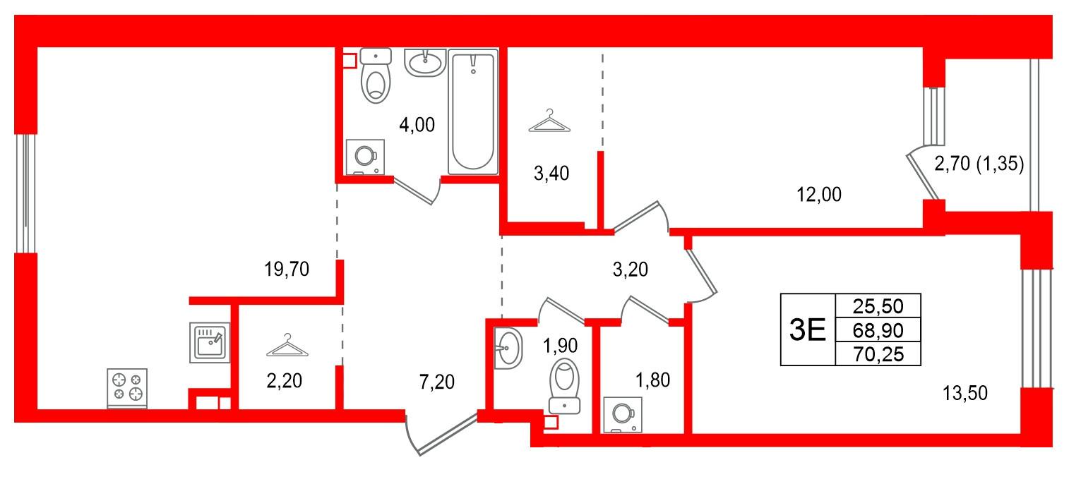 Квартира в ЖК Лисино, 2 комнатная, 71.6 м², 4 этаж
