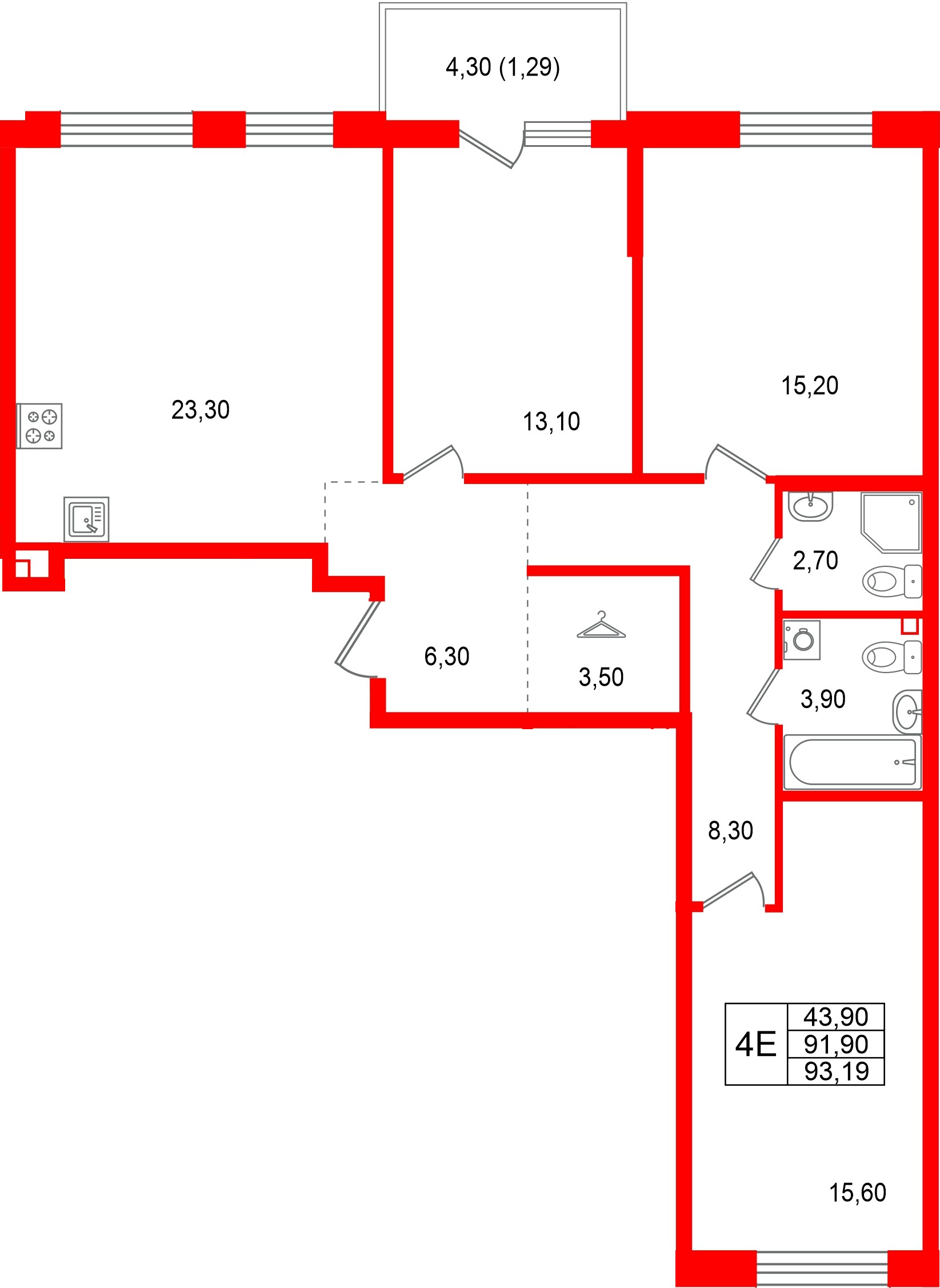 Квартира в ЖК Лисино, 3 комнатная, 96.2 м², 4 этаж