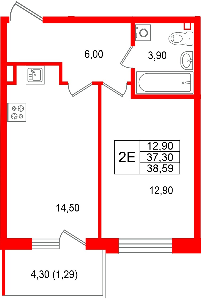 Квартира в ЖК Лисино, 1 комнатная, 41.6 м², 3 этаж