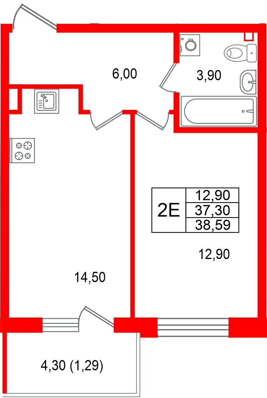 Квартира в ЖК Лисино, 1 комнатная, 41.6 м², 4 этаж