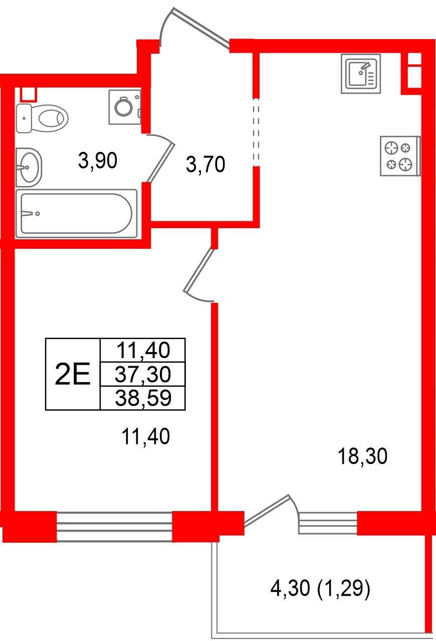 Квартира в ЖК Лисино, 1 комнатная, 41.6 м², 2 этаж