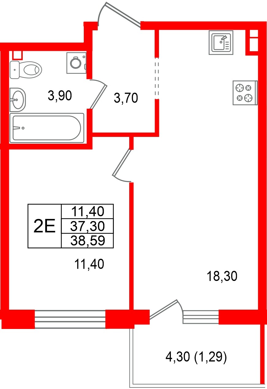 Квартира в ЖК Лисино, 1 комнатная, 41.6 м², 3 этаж