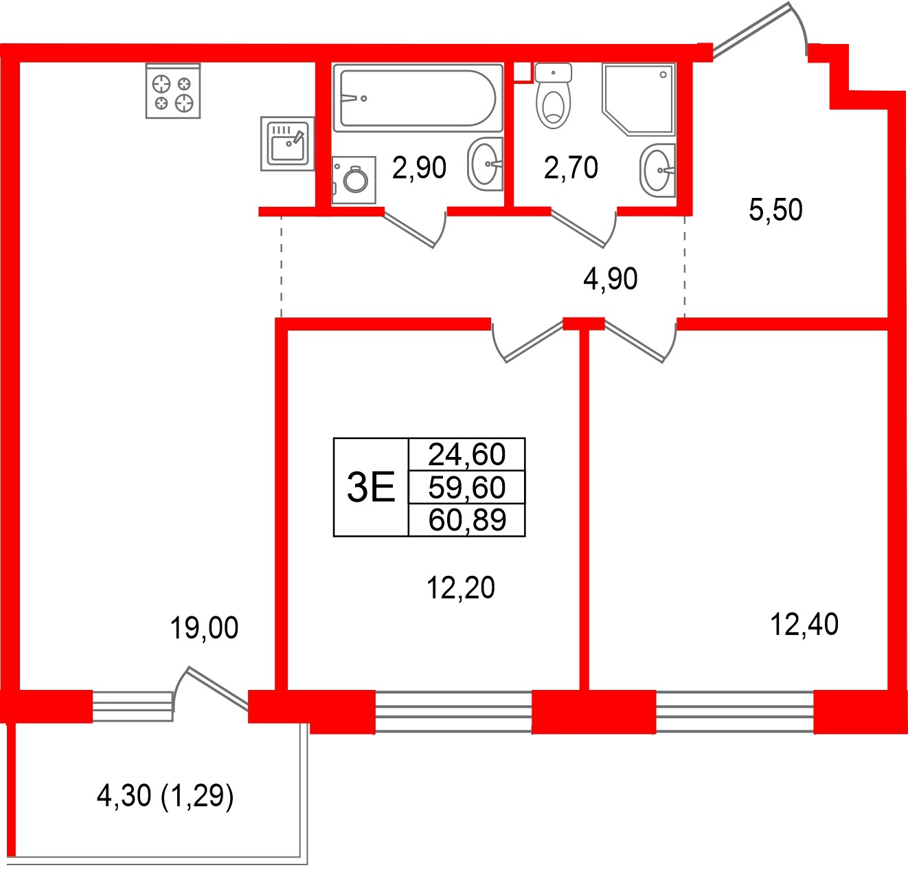 Квартира в ЖК Лисино, 2 комнатная, 63.9 м², 3 этаж