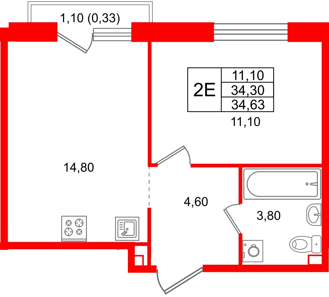 Квартира в ЖК Лисино, 1 комнатная, 35.4 м², 3 этаж