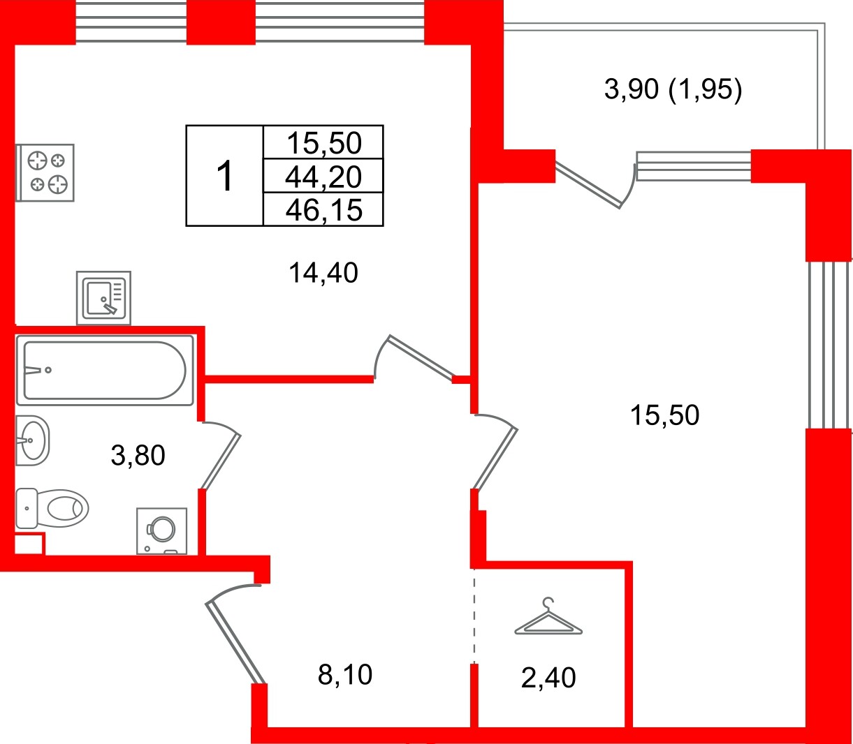 Квартира в ЖК Лисино, 1 комнатная, 48.1 м², 2 этаж