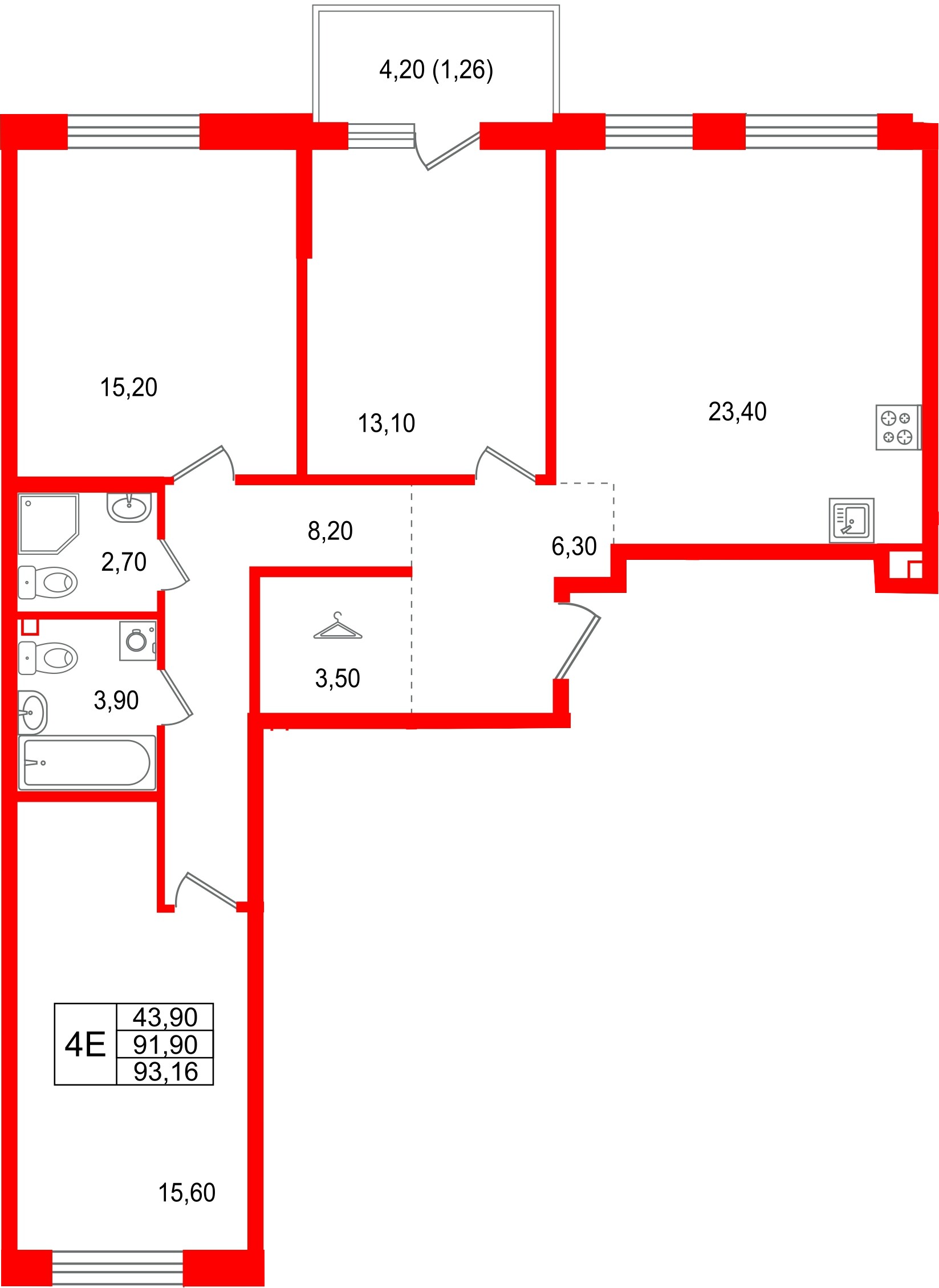 Квартира в ЖК Лисино, 3 комнатная, 96.1 м², 4 этаж