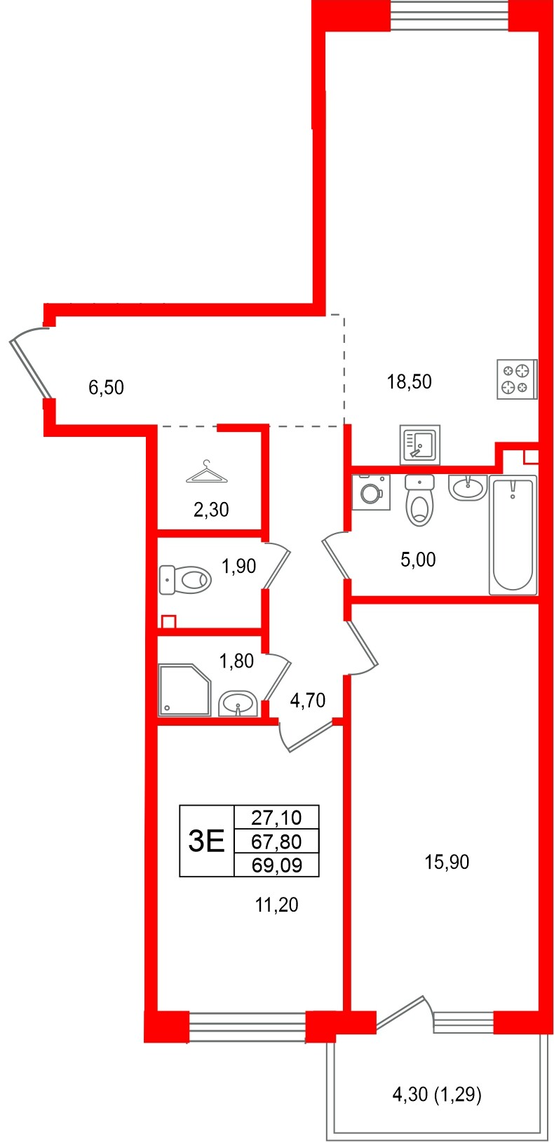 Квартира в ЖК Лисино, 2 комнатная, 72.1 м², 4 этаж
