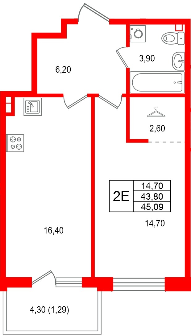 Квартира в ЖК Лисино, 1 комнатная, 48.1 м², 2 этаж