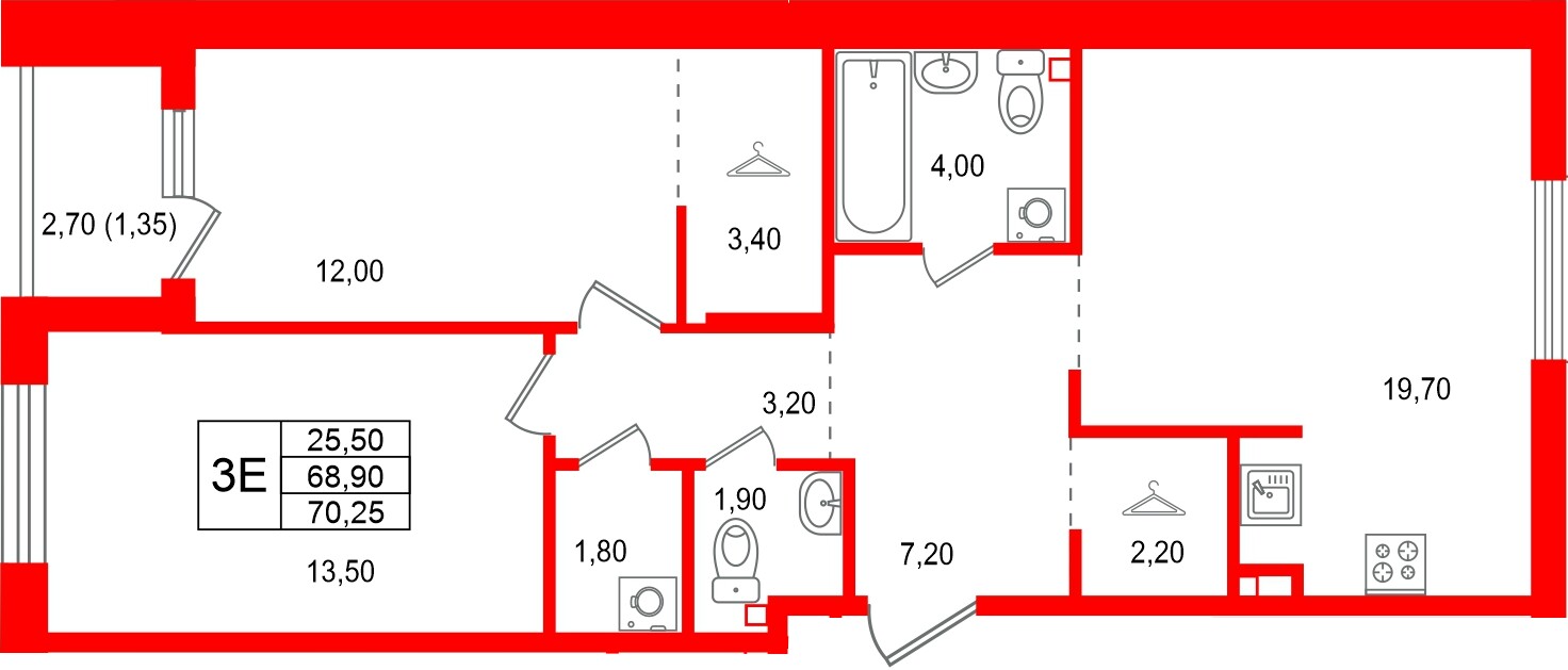 Квартира в ЖК Лисино, 2 комнатная, 71.6 м², 4 этаж