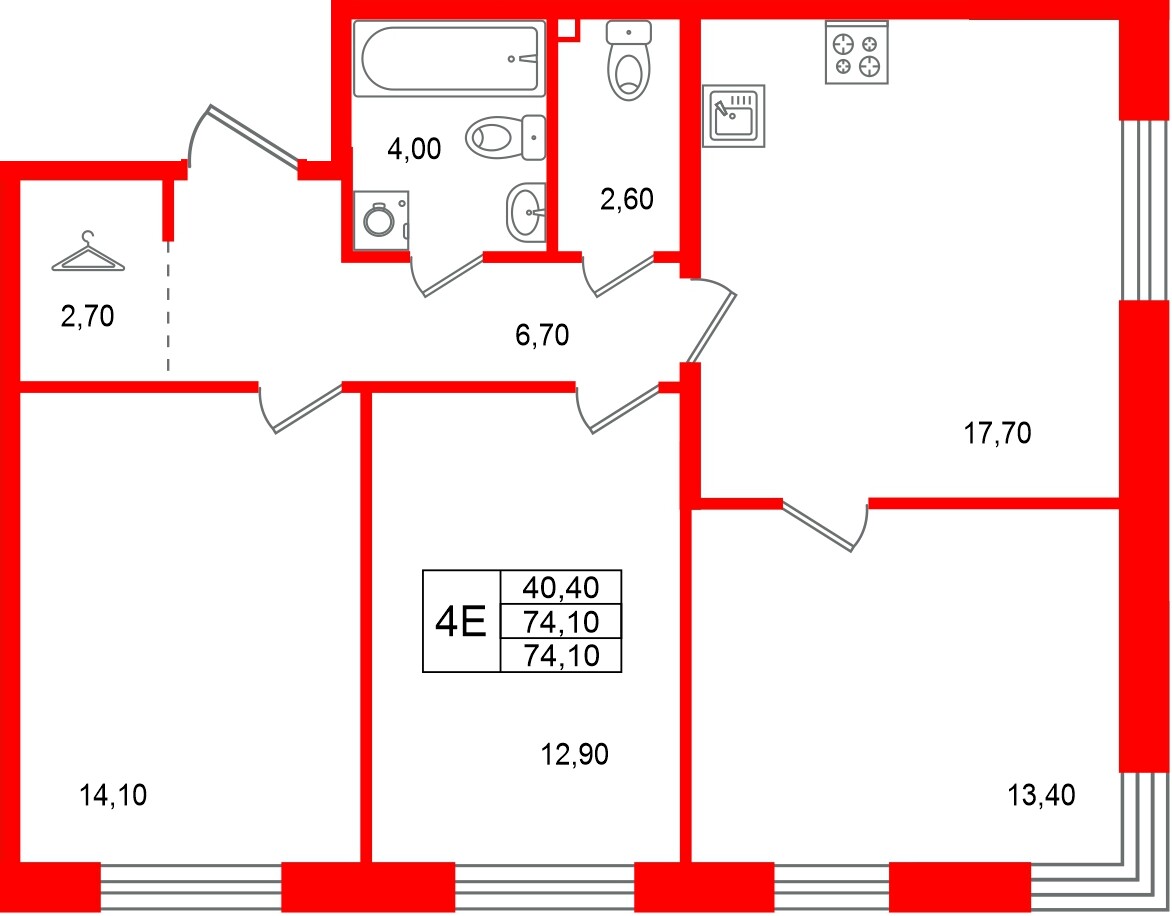 Квартира в ЖК Лисино, 3 комнатная, 74.1 м², 1 этаж
