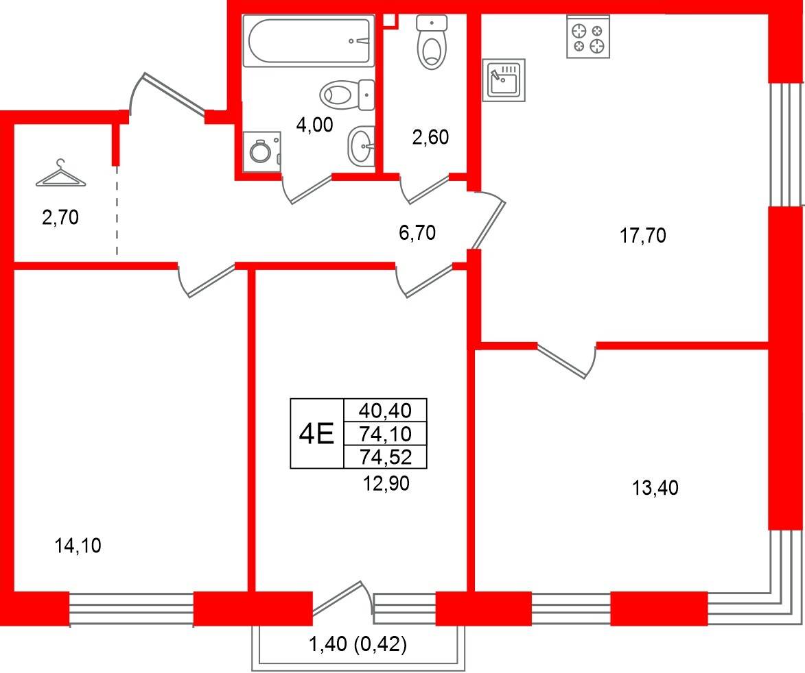 Квартира в ЖК Лисино, 3 комнатная, 75.5 м², 3 этаж