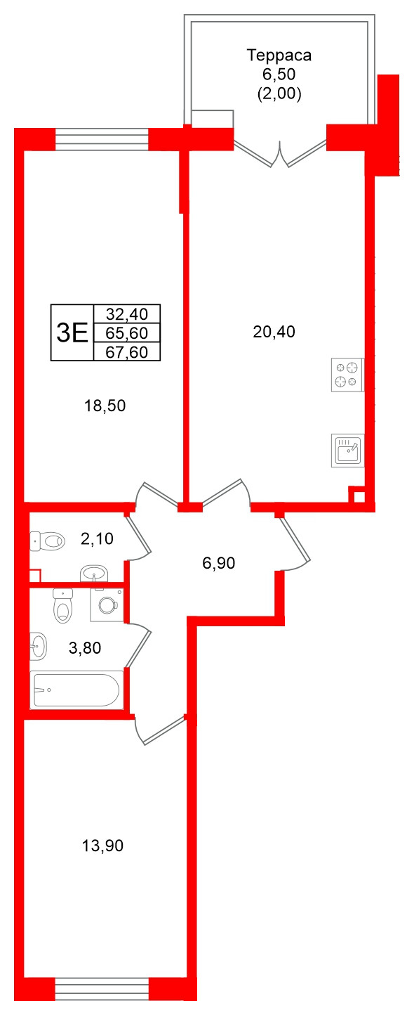 Квартира в ЖК Кронунг Юг, 2 комнатная, 67.6 м², 1 этаж