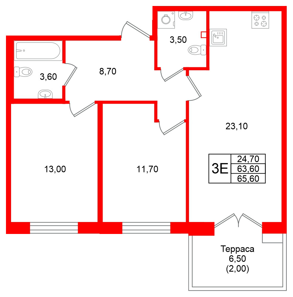 Квартира в ЖК Кронунг Юг, 2 комнатная, 65.6 м², 1 этаж