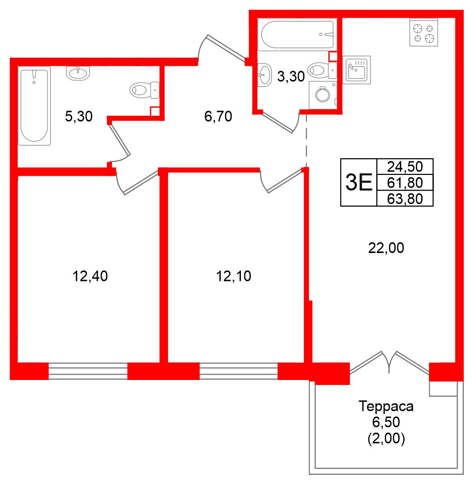 Квартира в ЖК Кронунг Юг, 2 комнатная, 63.8 м², 1 этаж