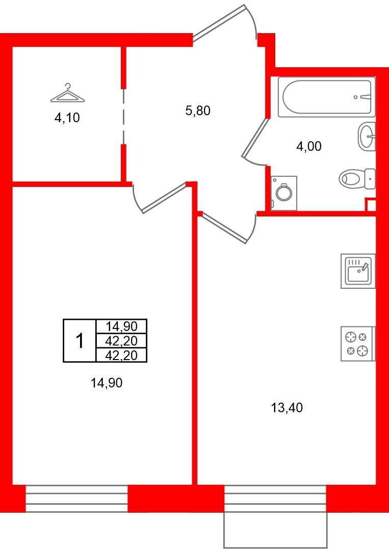 Квартира в ЖК Лисино, 1 комнатная, 42.2 м², 2 этаж