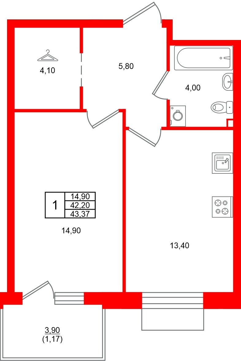 Квартира в ЖК Лисино, 1 комнатная, 46.1 м², 3 этаж