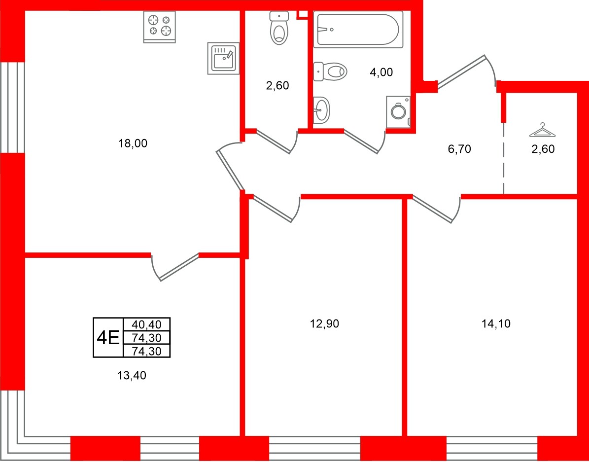 Квартира в ЖК Лисино, 3 комнатная, 74.3 м², 1 этаж