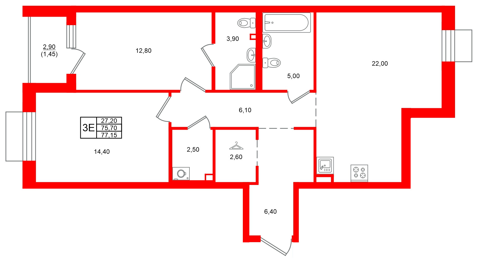 Квартира в ЖК Лисино, 2 комнатная, 78.6 м², 2 этаж