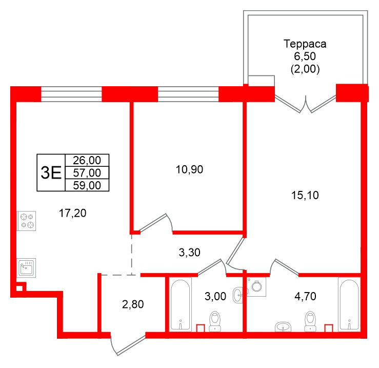 Квартира в ЖК Кронунг Юг, 2 комнатная, 59 м², 1 этаж