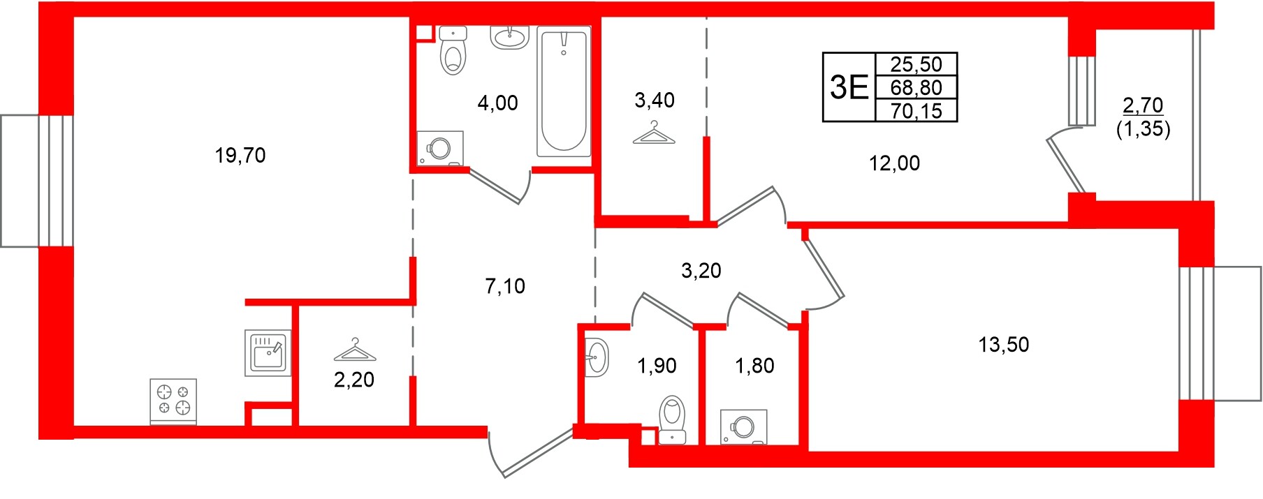 Квартира в ЖК Лисино, 2 комнатная, 71.5 м², 2 этаж
