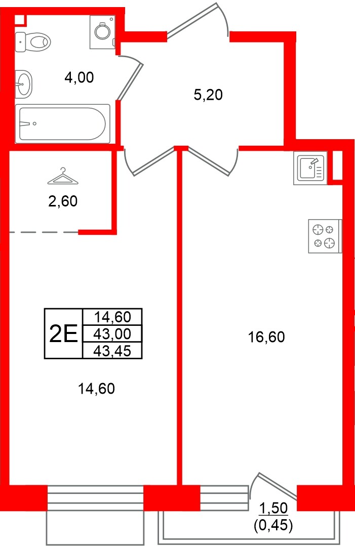 Квартира в ЖК Лисино, 1 комнатная, 44.5 м², 2 этаж