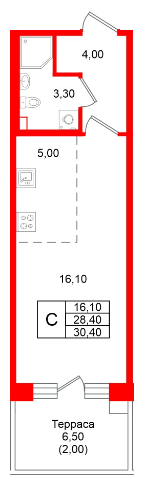 Квартира в ЖК Кронунг Юг, студия, 30.4 м², 1 этаж
