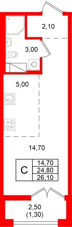 Квартира в ЖК «Кронунг Юг», студия, 26.1 м², 3 этаж