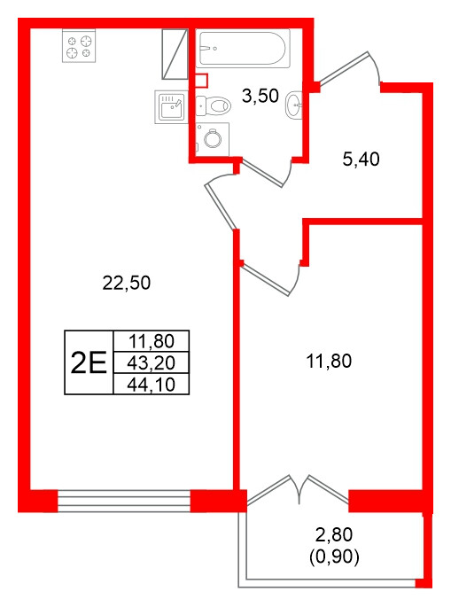 Квартира в ЖК «Кронунг Юг», 1 комнатная, 44.1 м², 4 этаж