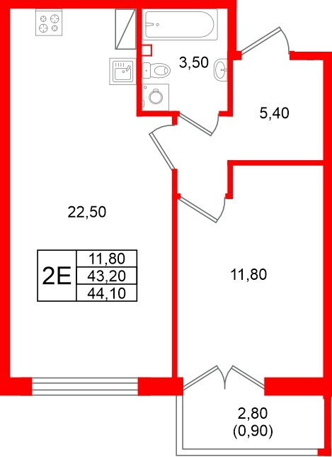 Квартира в ЖК Кронунг Юг, 1 комнатная, 44.1 м², 6 этаж