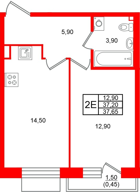 Квартира в ЖК «Лисино», 1 комнатная, 38.7 м², 2 этаж
