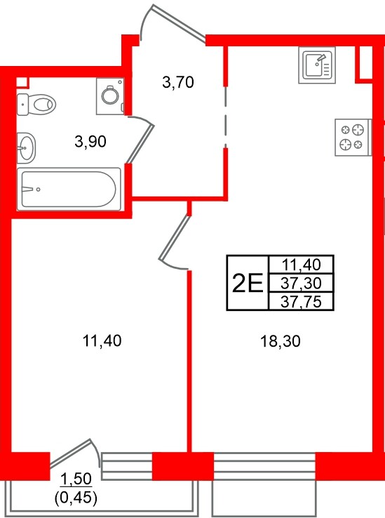 Квартира в ЖК Лисино, 1 комнатная, 38.8 м², 2 этаж